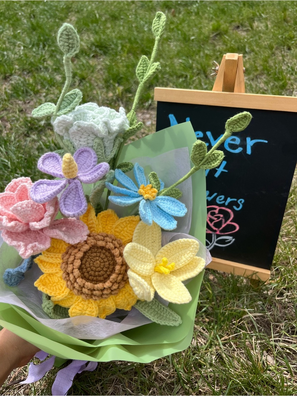 Handmade Crochet Flower Bouquet - Pastel Yellow, Blue, Pink